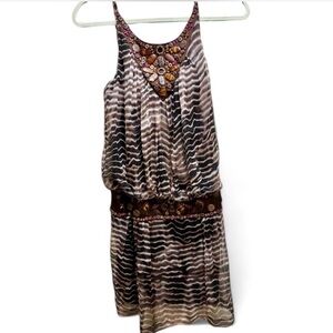 Sue Wong Y2K Silk Mini Dress Boho Tie Dye Animal Print Stones V- Neckline Size 0